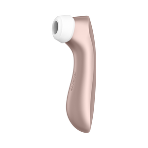 Right side of the Satisfyer Pro 2+ Air Pulse Stimulator, viewing from the front. Engraved Satisfyer logo is visible on the left middle part of the handle.