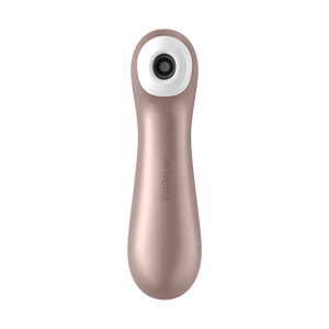 Front of the Satisfyer Pro 2+ Air Pulse Stimulator, on the middle of the handle is engraved the Satisfyer logo.