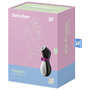 Front of the package for the Satisfyer Penguin Air Pulse Stimulator on the right side is the product facing front and to the side, and on the bottom right is the 15 year guarantee. On the right side of the package is written Air Pulse Stimulator, and a tag sticking out from the back with the SF logo.