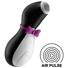 Load image into Gallery viewer, The Satisfyer Penguin Air Pulse Stimulator facing front and to the side, on the middle part of the product below the bow tie is the SF logo engraved, and on the bottom of the product are the intensity controls marked by arching air waves facing away from each other. On the bottom right of the image is an icon for Air Pulse.