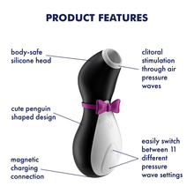Load image into Gallery viewer, Satisfyer Penguin Air Pulse Stimulator Product Features (clockwise): clitoral stimulation through air pressure waves (pointing to the head of the product); easily switch between 11 different pressure wave settings (pointing to the dual controls, at the bottom of product); magnetic charging connection (pointing to bottom of product); cute penguin shaped design (pointing to the middle part of product); body-safe silicone head (pointing to the head of the product).