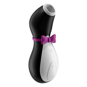 Front side of the Satisfyer Penguin Air Pulse Stimulator, to the middle right of the product below the bow tie is the SF logo engraved, and on the bottom of the product are the intensity controls marked by arching air waves facing away from each other. 