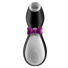 Load image into Gallery viewer, Front of the Satisfyer Penguin Air Pulse Stimulator, under the bow tie is the engrabed SF logo, and at the bottom is the dual button for intensity controls marked by arching air waves facing away from each other.
