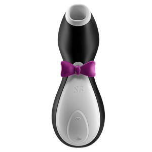 Front of the Satisfyer Penguin Air Pulse Stimulator, under the bow tie is the engrabed SF logo, and at the bottom is the dual button for intensity controls marked by arching air waves facing away from each other.