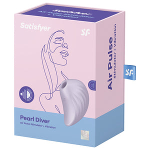 Front of the package for the Satisfyer Pearl Diver Air Pulse Stimulator + Vibration, on the top are the Satisfyer logos, on the left side is an icon for Air Pulse and Vibration, on the right side is the product facing front, and on the bottom right is the 15 year guarantee mark. On the right side of the package is written Air Pulse Stimulator + Vibration, and from the back is a tag sticking out with the SF logo.