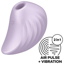 Load image into Gallery viewer, The Satisfyer Pearl Diver Air Pulse Stimulator facing front right side, with the sf logo visible on the front part of the product. On the bottom right of the image is an icon for 2 in 1 Air Pulse + Vibration.