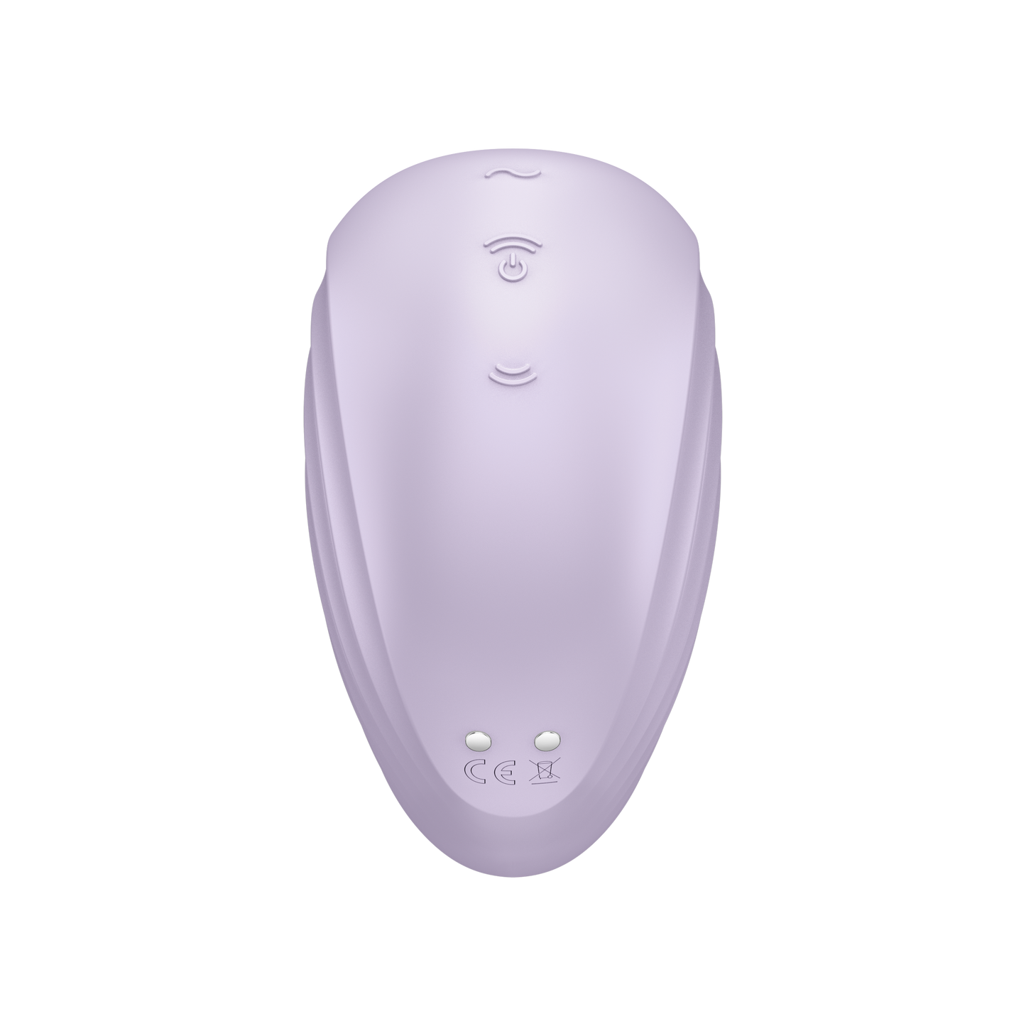 Back of the Satisfyer Pearl Diver Air Pulse Stimulator, with 3 buttons visible on top (top to bottom): Is a wave looking button; the second/middle button has two arched air waves pointing up, with the power button underneasth; and the third/bottom button has the arching airwaves pointing down or to the opposite direction from the middle button. On the bottom of the product is the charging port.