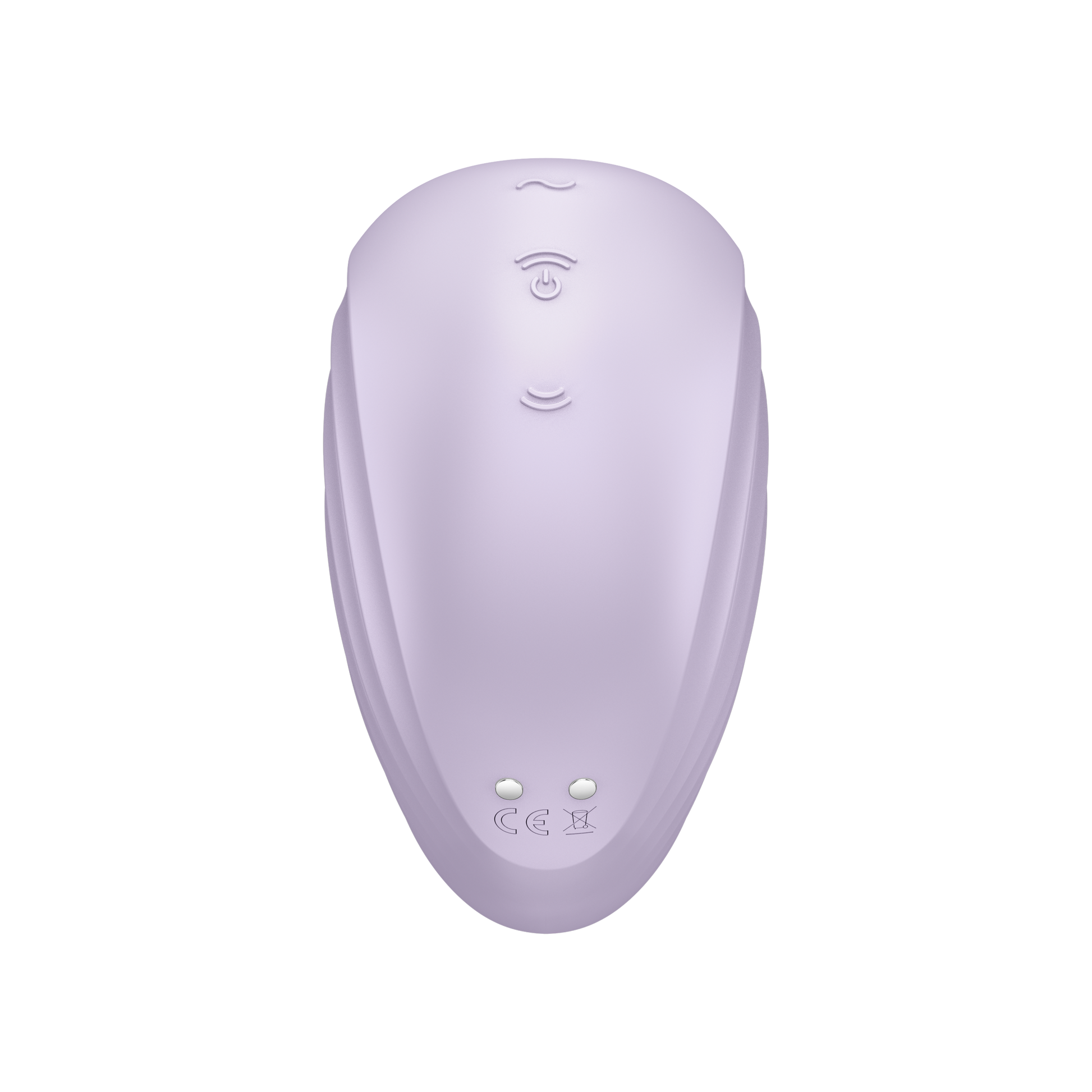 Back of the Satisfyer Pearl Diver Air Pulse Stimulator, with 3 buttons visible on top (top to bottom): Is a wave looking button; the second/middle button has two arched air waves pointing up, with the power button underneasth; and the third/bottom button has the arching airwaves pointing down or to the opposite direction from the middle button. On the bottom of the product is the charging port.