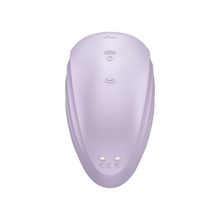 Load image into Gallery viewer, Back of the Satisfyer Pearl Diver Air Pulse Stimulator, with 3 buttons visible on top (top to bottom): Is a wave looking button; the second/middle button has two arched air waves pointing up, with the power button underneasth; and the third/bottom button has the arching airwaves pointing down or to the opposite direction from the middle button. On the bottom of the product is the charging port.