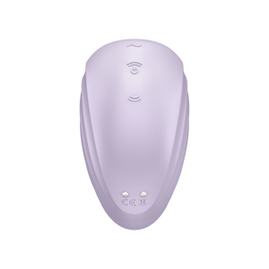 Back of the Satisfyer Pearl Diver Air Pulse Stimulator, with 3 buttons visible on top (top to bottom): Is a wave looking button; the second/middle button has two arched air waves pointing up, with the power button underneasth; and the third/bottom button has the arching airwaves pointing down or to the opposite direction from the middle button. On the bottom of the product is the charging port.