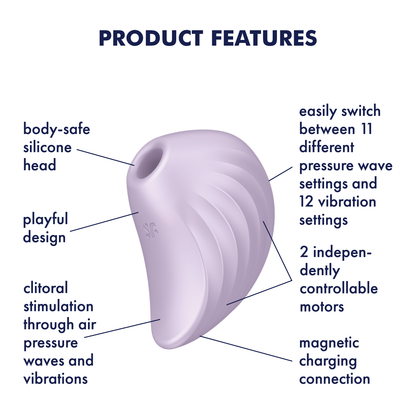 Satisfyer Pearl Diver Air Pulse Stimulator Product Features (Clockwise): easily switch between 11 different pressure waves settings and 12 vibration settings (pointing to controls at back of product); 2 independently controllable motors (pointing to lower side); magnetic charging connection (pointing to lower back); clitoral stimulation through air pressure waves and vibrations (pointing to lower front); playful design (pointing to front part); body-safe silicone head (pointing at air pulse head).