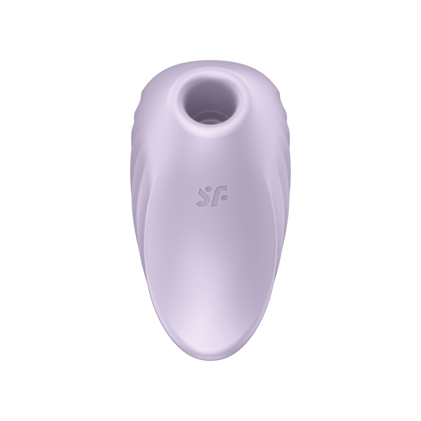 Looking down at the centre front of the Satisfyer Pearl Diver Air Pulse Stimulator, the inside of the air pulse head is slightly visible from the top angle, and on the centre of the product is the SF logo.