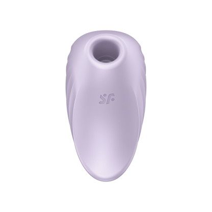 Looking down at the centre front of the Satisfyer Pearl Diver Air Pulse Stimulator, the inside of the air pulse head is slightly visible from the top angle, and on the centre of the product is the SF logo.