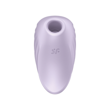 Load image into Gallery viewer, Looking down at the centre front of the Satisfyer Pearl Diver Air Pulse Stimulator, the inside of the air pulse head is slightly visible from the top angle, and on the centre of the product is the SF logo.