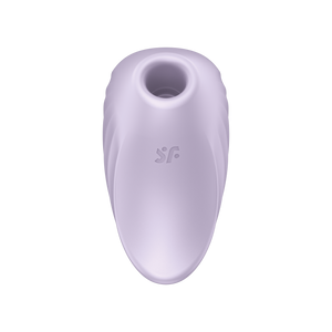 Looking down at the centre front of the Satisfyer Pearl Diver Air Pulse Stimulator, the inside of the air pulse head is slightly visible from the top angle, and on the centre of the product is the SF logo.