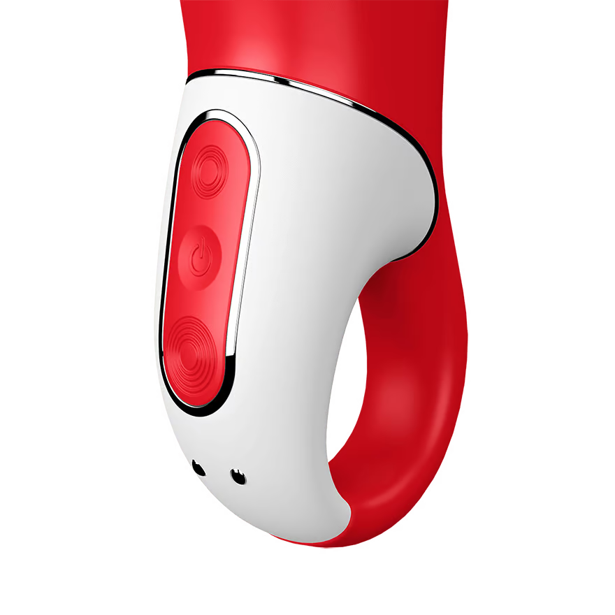 Close up on the handle of the Satisfyer Power Flower Vibrator, the 3 control buttons are marked top to bottom with the top button has grooved circles around it, the 2nd middle button is the power button, and the bottom button has more grooved circles that are marked than the top button. At the bottom of the handle is the magnetic charging port.