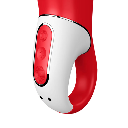 Close up on the handle of the Satisfyer Power Flower Vibrator, the 3 control buttons are marked top to bottom with the top button has grooved circles around it, the 2nd middle button is the power button, and the bottom button has more grooved circles that are marked than the top button. At the bottom of the handle is the magnetic charging port.