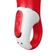 Load image into Gallery viewer, Close up on the handle of the Satisfyer Power Flower Vibrator, the 3 control buttons are marked top to bottom with the top button has grooved circles around it, the 2nd middle button is the power button, and the bottom button has more grooved circles that are marked than the top button. At the bottom of the handle is the magnetic charging port.