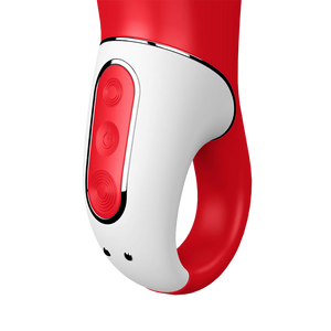 Close up on the handle of the Satisfyer Power Flower Vibrator, the 3 control buttons are marked top to bottom with the top button has grooved circles around it, the 2nd middle button is the power button, and the bottom button has more grooved circles that are marked than the top button. At the bottom of the handle is the magnetic charging port.