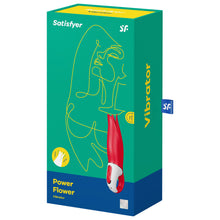 Load image into Gallery viewer, Front of the package on the top of the package are the Satisfyer logos, on the left is a rounded image showing the silicone petals vibrating, on the bottom left is written Power Flower Vibrator, on the right side is the product, wit the controls visible on the handle, to the bottom left on the product, and on the bottom right is the 15 year guarantee mark. On the right side of the package is written Vibrator, and from the back is a tag sticking out with the SF logo.