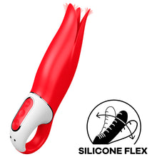 Load image into Gallery viewer, The Satisfyer Power Flower Vibrator with the controls visible on the bottom left of the product, and the charging port at the very bottom on the handle. At the bottom right of the image is an icon for Silicone Flex.