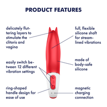 Load image into Gallery viewer, Satisfyer Power Flower Vibrator Product Features (clockwise): full flexible silicone shaft for stream-lined vibrations (pointing to upper-middle); made of body-safe silicone (pointing to upper material on product); magnetic charging connection (pointing to bottom); ring shaped handle design for ease of use (pointing to bottom); easily switch between 12 different vibration settings (pointing to button controls); delicately fluttering layers to stimulate the clitoris and vagina (pointing to the tip).