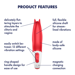 Satisfyer Power Flower Vibrator Product Features (clockwise): full flexible silicone shaft for stream-lined vibrations (pointing to upper-middle); made of body-safe silicone (pointing to upper material on product); magnetic charging connection (pointing to bottom); ring shaped handle design for ease of use (pointing to bottom); easily switch between 12 different vibration settings (pointing to button controls); delicately fluttering layers to stimulate the clitoris and vagina (pointing to the tip).