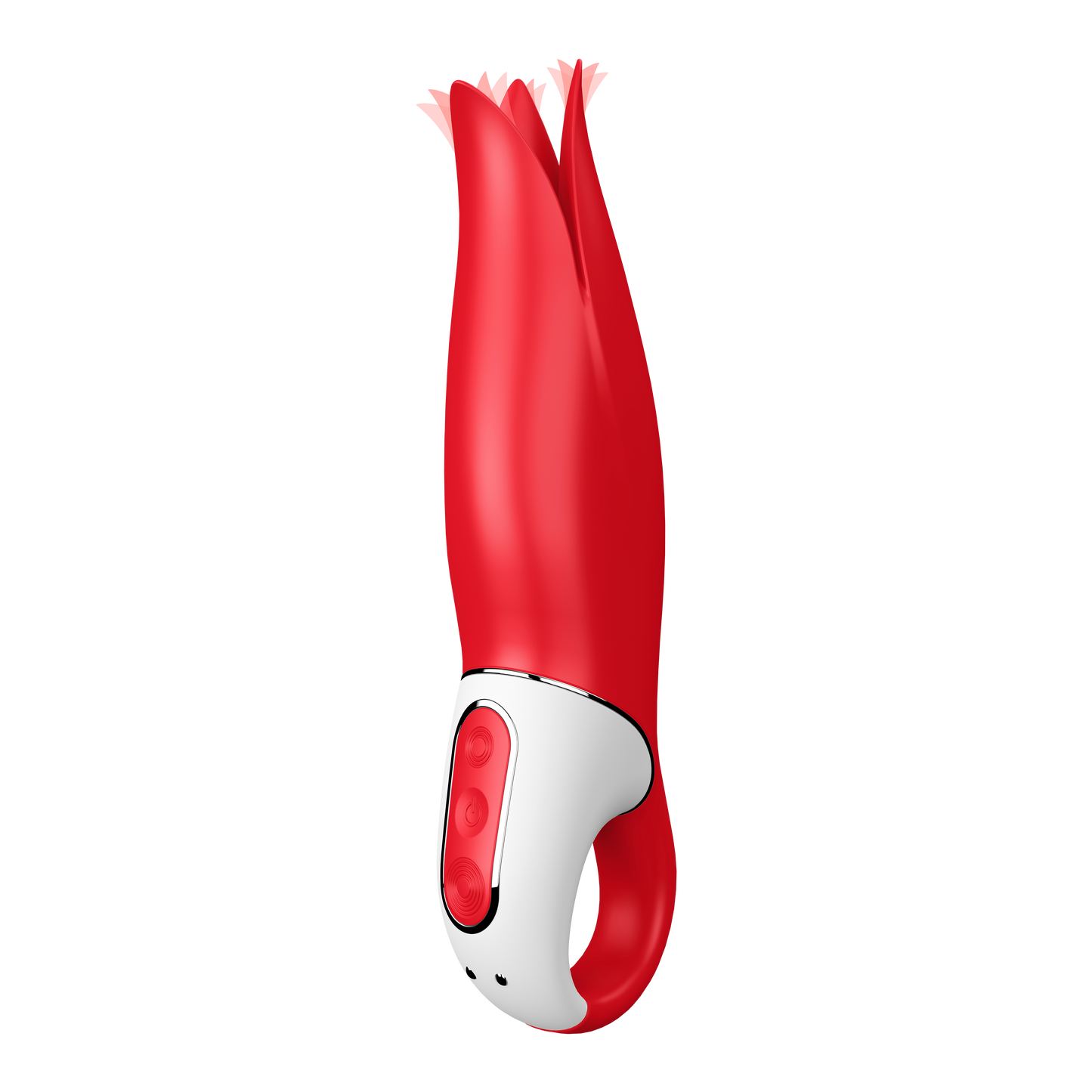 Front right side of the Satisfyer Power Flower Vibrator, with 3 control buttons visible to the left on the handle, and the charging port at the bottom.