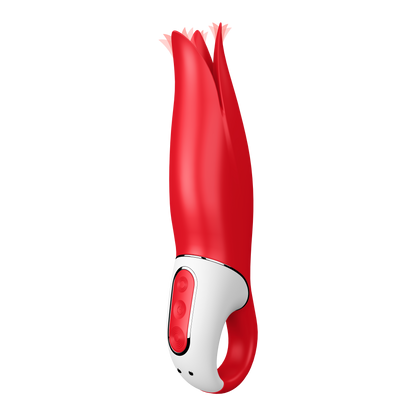 Front right side of the Satisfyer Power Flower Vibrator, with 3 control buttons visible to the left on the handle, and the charging port at the bottom.