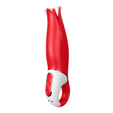 Load image into Gallery viewer, Front right side of the Satisfyer Power Flower Vibrator, with 3 control buttons visible to the left on the handle, and the charging port at the bottom.