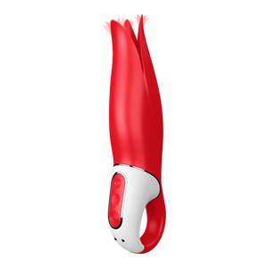 Front right side of the Satisfyer Power Flower Vibrator, with 3 control buttons visible to the left on the handle, and the charging port at the bottom.