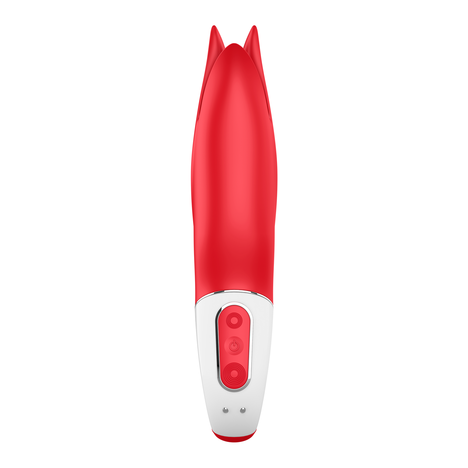 Front of the Satisfyer Power Flower Vibrator with 3 button visible in the middle of the handle, and on the bottom is the charging port.