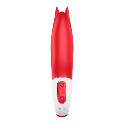 Front of the Satisfyer Power Flower Vibrator with 3 button visible in the middle of the handle, and on the bottom is the charging port.