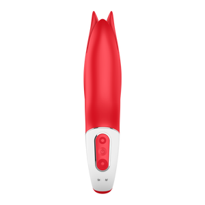 Front of the Satisfyer Power Flower Vibrator with 3 button visible in the middle of the handle, and on the bottom is the charging port.