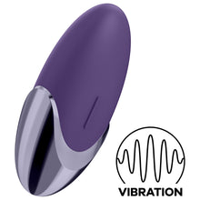 Load image into Gallery viewer, Top of the Satisfyer Purple Pleasure Lay-on Vibrator facing to the side, and on the bottom right of the image is an icon for Vibration.