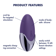 Charger l&#39;image dans la galerie, Satisfyer Purple Pleasure Lay-on Vibrator Product Features (clockwise): made of body-safe silicone (pointing to the upper purple material); easily switch between 15 different vibration settings (pointing to the vertical button in the middle of product); magnetic charging connection (pointing to the bottom of product); oval tip for targeted stimulation (pointing to the upper part of the product).