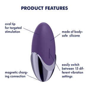 Satisfyer Purple Pleasure Lay-on Vibrator Product Features (clockwise): made of body-safe silicone (pointing to the upper purple material); easily switch between 15 different vibration settings (pointing to the vertical button in the middle of product); magnetic charging connection (pointing to the bottom of product); oval tip for targeted stimulation (pointing to the upper part of the product).
