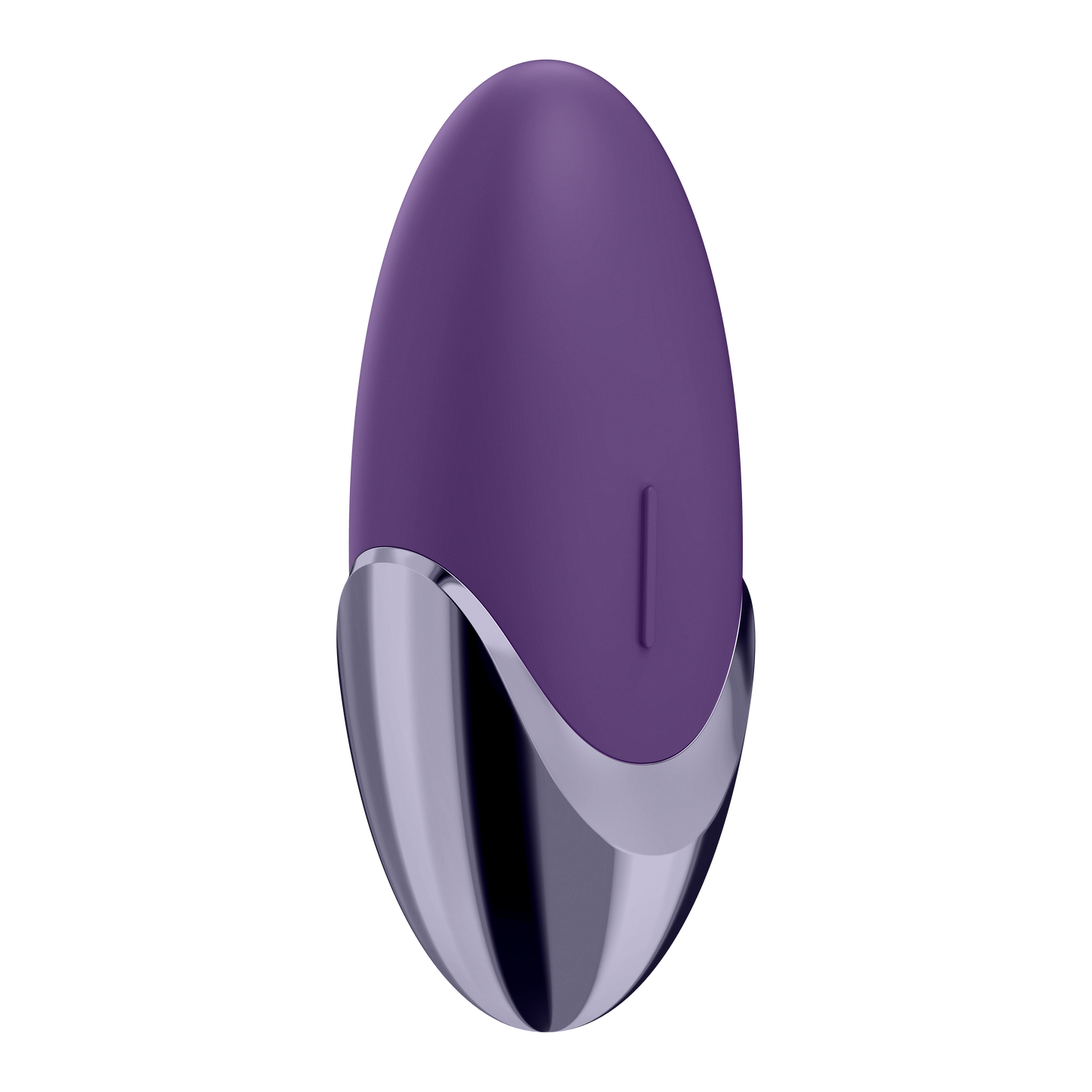 Top side of the Satisfyer Purple Pleasure Lay-on Vibrator, with the control button visible on the right side on the product.