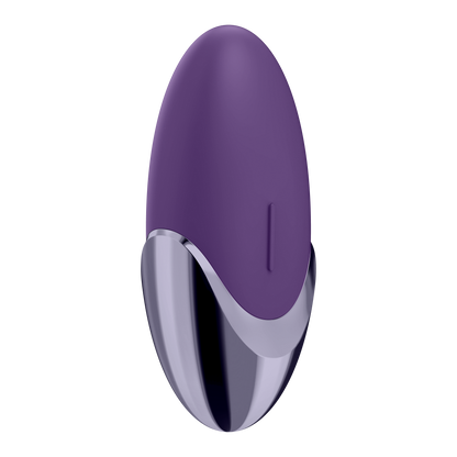 Top side of the Satisfyer Purple Pleasure Lay-on Vibrator, with the control button visible on the right side on the product.