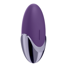 Load image into Gallery viewer, Top side of the Satisfyer Purple Pleasure Lay-on Vibrator, with the control button visible on the right side on the product.