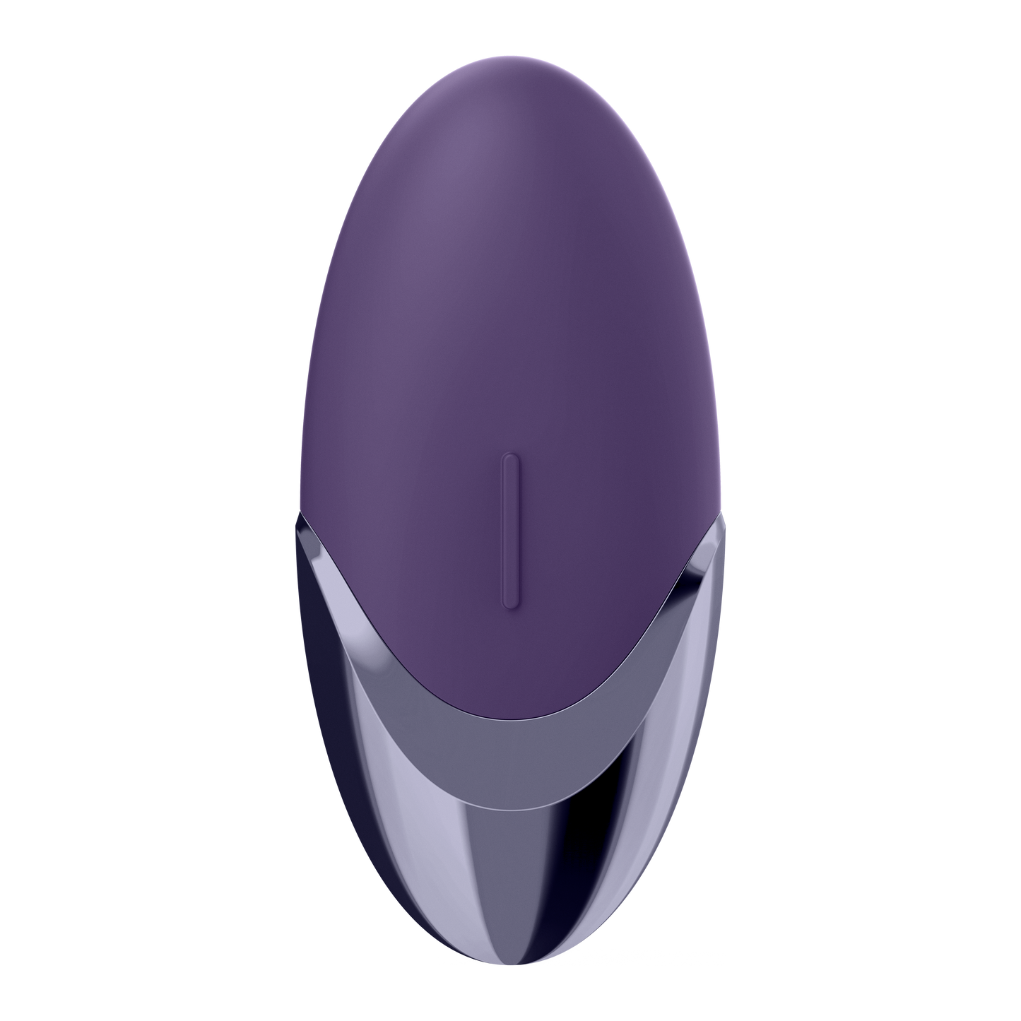 Top of the Satisfyer Purple Pleasure Lay-on Vibrator with the vertical control button visible in the middle of the product.