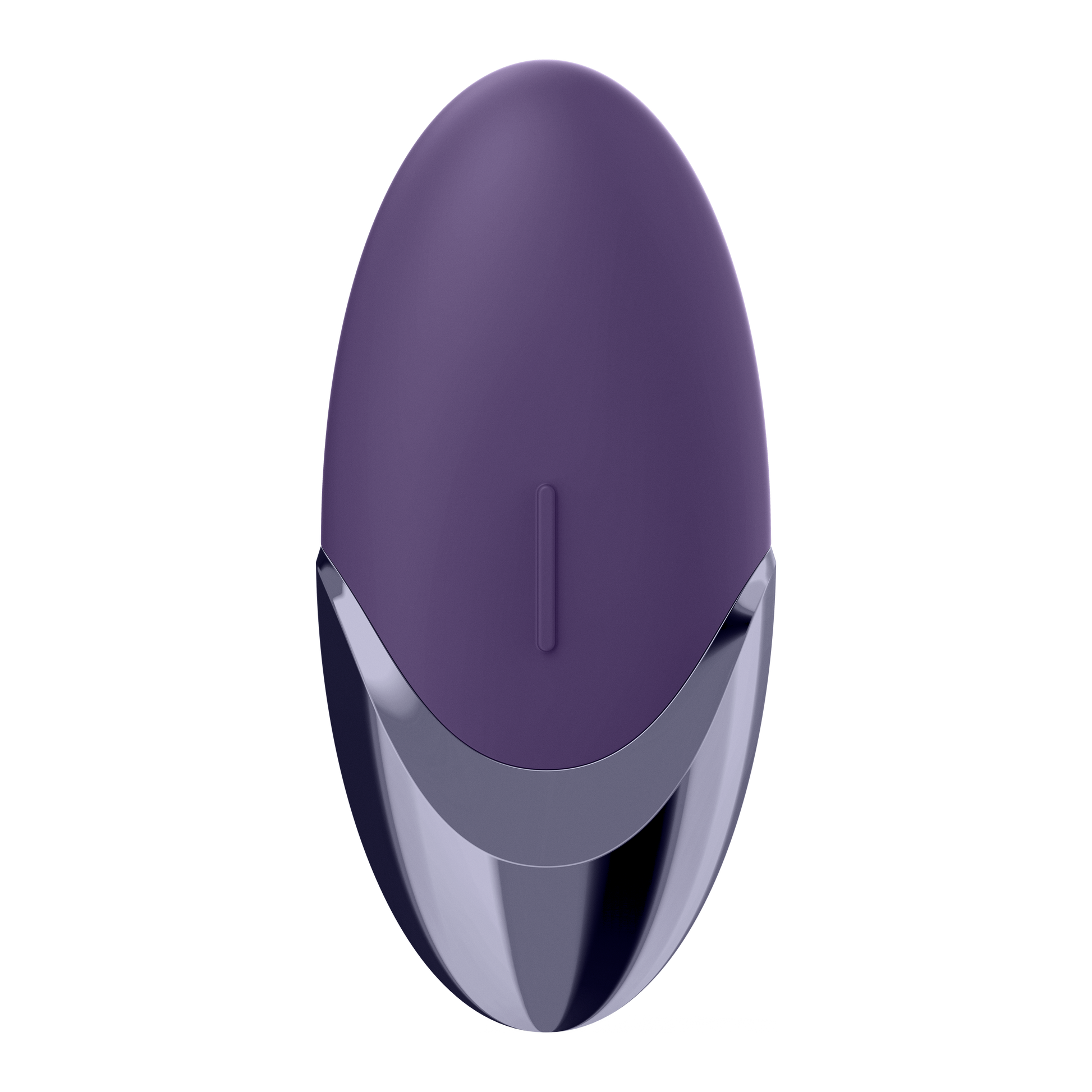 Top of the Satisfyer Purple Pleasure Lay-on Vibrator with the vertical control button visible in the middle of the product.