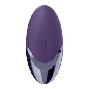 Top of the Satisfyer Purple Pleasure Lay-on Vibrator with the vertical control button visible in the middle of the product.