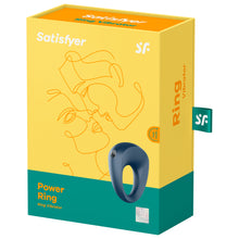 Load image into Gallery viewer, On the front of the package are the Satisfyer logos on the top, on the bottom left is written Power Ring RIng Vibrator, on the right side is the product facing front right side, and on the bottom left is a 15 year guarantee mark. On the right side of the package is written Ring Vibrator, and a tag sticking out from the back with the SF logo.
