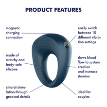 Load image into Gallery viewer, Satisfyer Power Ring Vibrator Product Features (clockwise): easily switch between 10 different vibration settings (pointing to chrome button on right side); slows blood flow to sustain erection and increase stamina (pointing to right band of ring); ideal for couples (pointing to bottom of product); clitoral stimulation through grooved detail (pointing to the grooves at the bottom); made of stretchy and body-safe silicone (pointing to material); magnetic charging connection (pointing to top back of product).