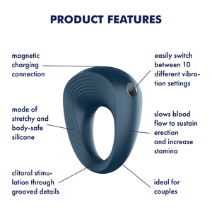 Satisfyer Power Ring Vibrator Product Features (clockwise): easily switch between 10 different vibration settings (pointing to chrome button on right side); slows blood flow to sustain erection and increase stamina (pointing to right band of ring); ideal for couples (pointing to bottom of product); clitoral stimulation through grooved detail (pointing to the grooves at the bottom); made of stretchy and body-safe silicone (pointing to material); magnetic charging connection (pointing to top back of product).