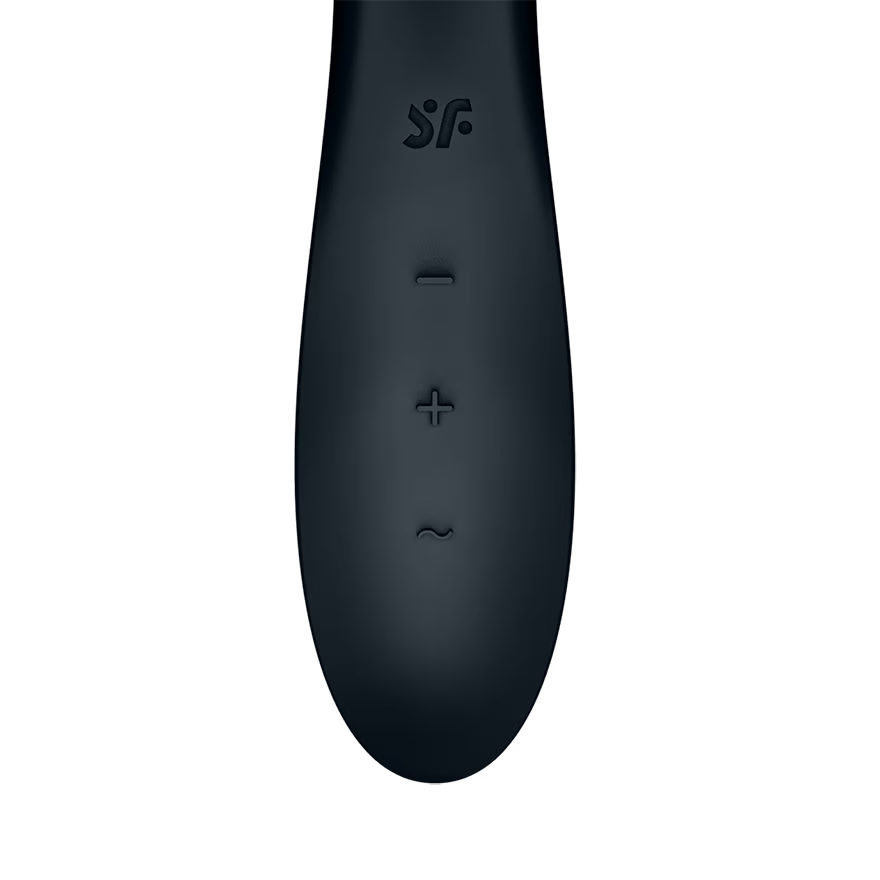 Close up of the controls for the Satisfyer Rrrolling Explosion Vibrator, on the top is engraved the SF logo, below are the controls top to bottom is the intensity controls marked by - and +, and the horizontal wave button controlling the vibration programme.