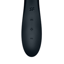 Load image into Gallery viewer, Close up of the controls for the Satisfyer Rrrolling Explosion Vibrator, on the top is engraved the SF logo, below are the controls top to bottom is the intensity controls marked by - and +, and the horizontal wave button controlling the vibration programme.