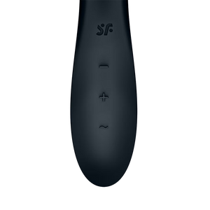 Close up of the controls for the Satisfyer Rrrolling Explosion Vibrator, on the top is engraved the SF logo, below are the controls top to bottom is the intensity controls marked by - and +, and the horizontal wave button controlling the vibration programme.