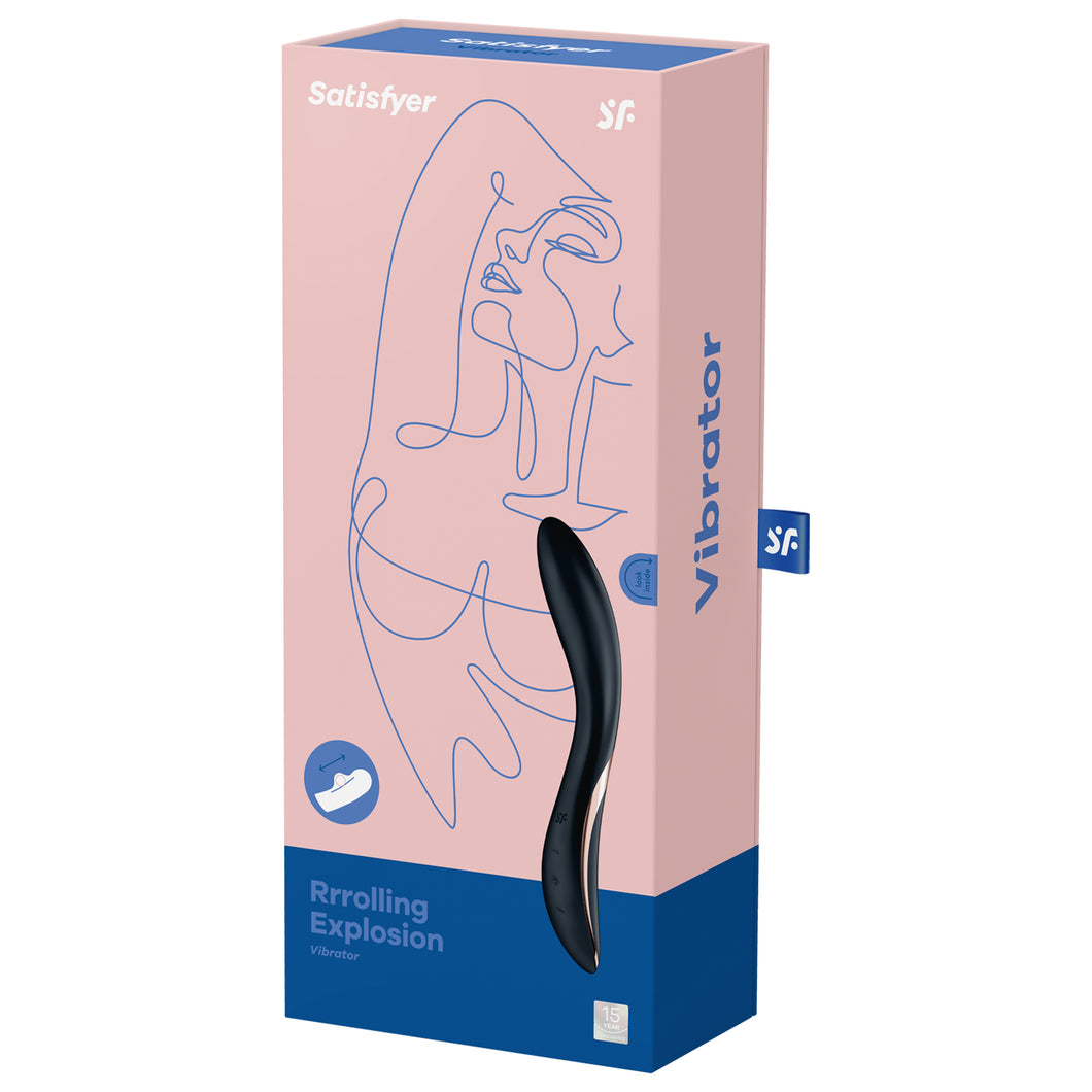 Front of the package at the top are the Satisfyer logos, on the bottom left is an icon for Moving Ball, on the bottom left is the product name Rrrolling Explosion Vibrator, on the right side is the product, and on the bottom right corner is a 15 year guarantee mark. On the right side of the package is written Vibrator, and at the back is a label with the SF logo sticking out.